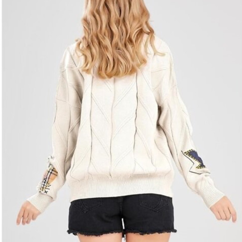Anrabess Cream Cardigan with Embroidered Accents Lettering Patchwork Thick - Picture 2 of 12
